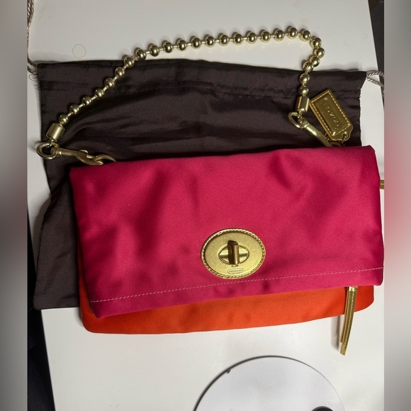 Coach Handbags - Coach Amanda Turnlock Kisslock Pink and Orange Chain Foldover Clutch Gold
